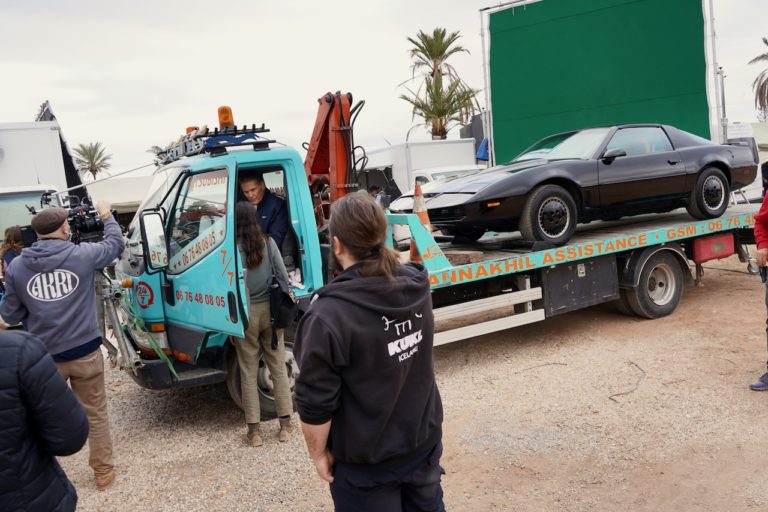 David Hasselhoff preparing for scene in Morocco with KITT on a tow truck